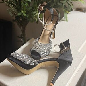 Black Crystal Embellished Open-Toe Heels